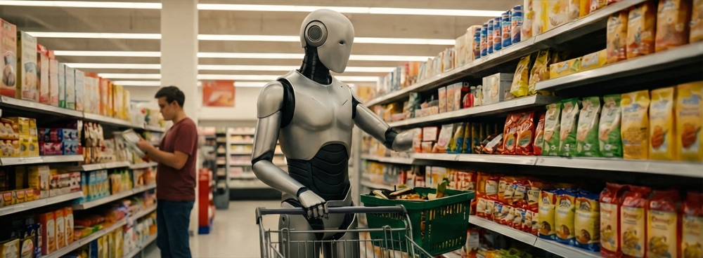 Robot shopping in grocery store